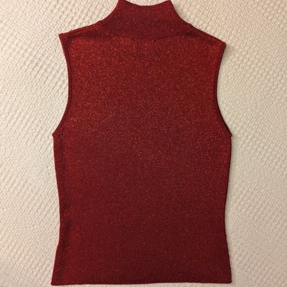 Red Sleeveless Turtleneck Jersey Top Metallic Shimmer - Picture 5 of 8